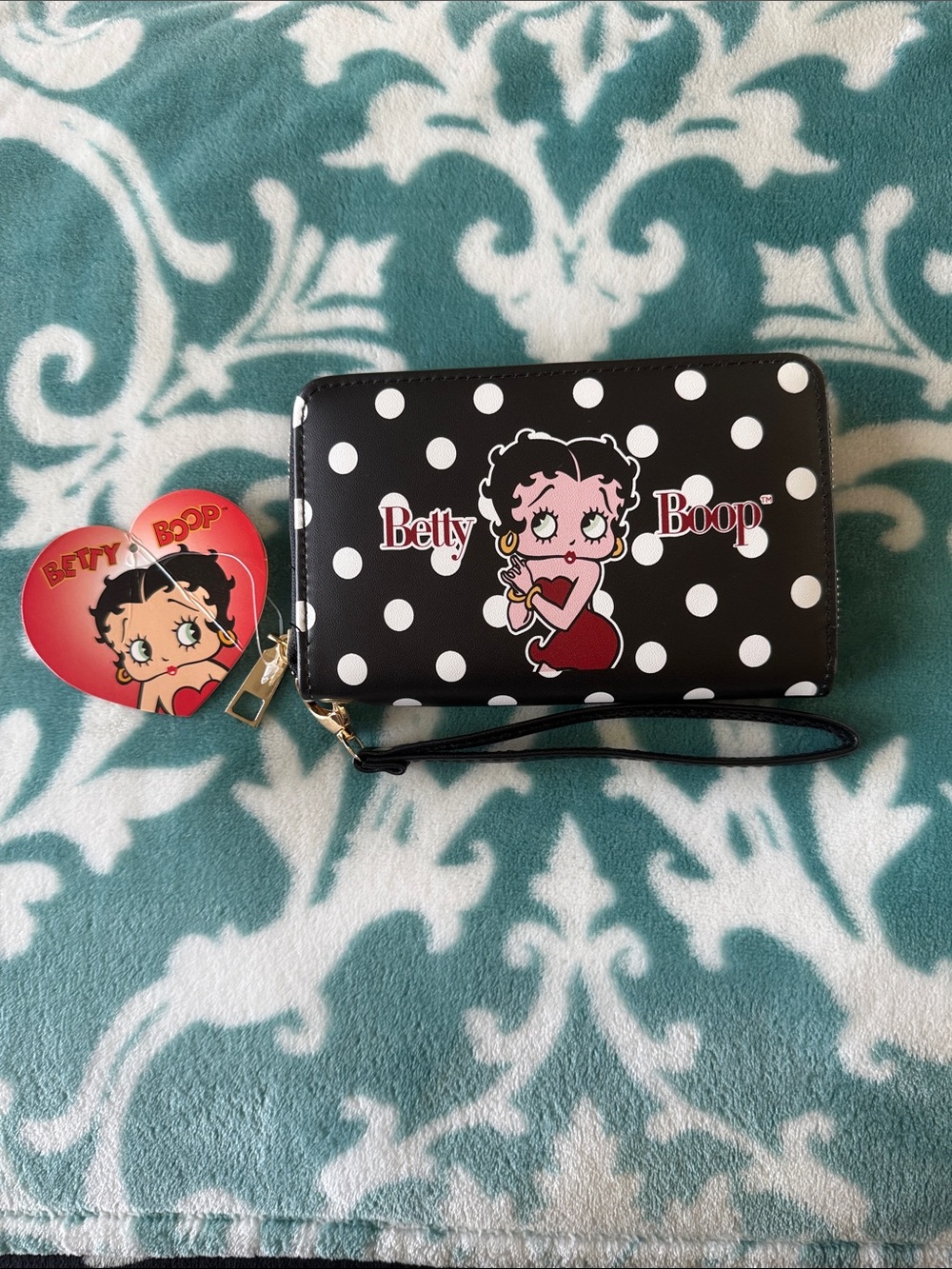 Betty Boop Black & White Polka Dot Wristlet Wallet with Red Accent